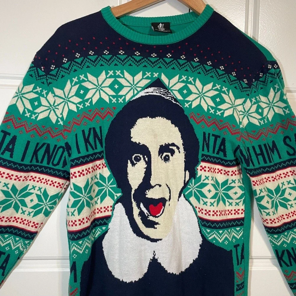 Elf Celebrate Together Sweater Mens Medium Green Santa I Know Him Ugly Christmas